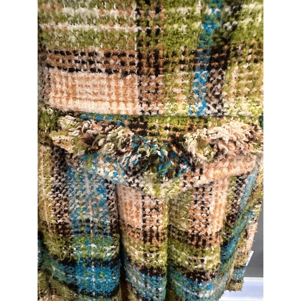 Anthropologie Nick &‎ Mo Retro Tweed Plaid Wool Flare Coat Small Fringed Boho